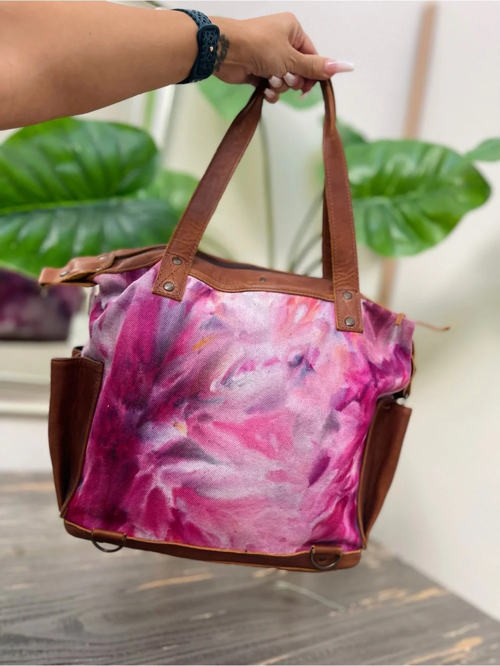 Nena & Co. Pink and Purple Tie-Dye Canvas Tote with Brown Leather Trim
